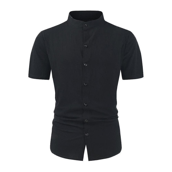 Ståkrage för män Button Down-skjortor Kortärmad bomull Linnelook Strand Casual Snygg sommarskjorta Toppar Black 2XL