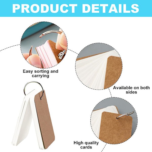 Tomma indexkort Färgade flashkort med pärmring för skola, lärande, 6-pack, 2,16"x3,5", 300 Count White*Brown
