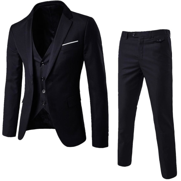 Herr 3-delad Slim Fit Kostym Set Enknapps Solid Jacka Väst Byxor Business Set-yky Black S