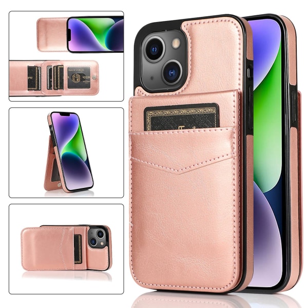 Telefon Kickstand Case För Iphone 14 Plus, Korthållare Pu Läder + Tpu Cover Rose Gold