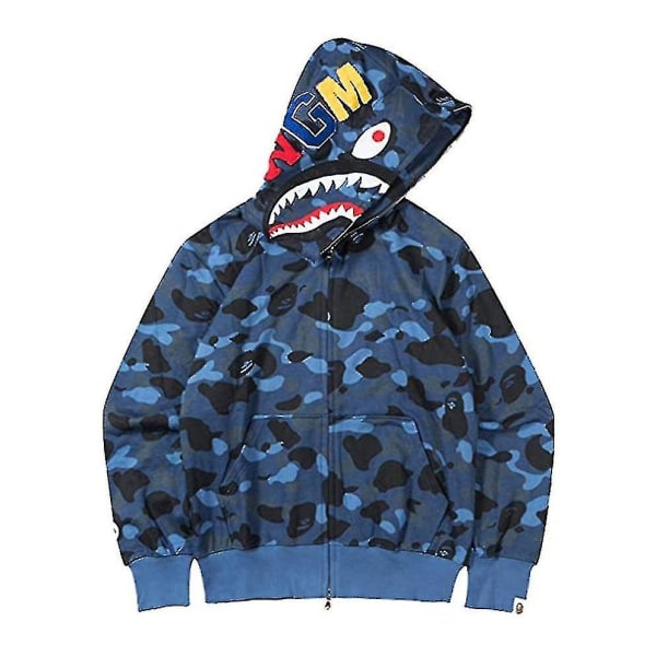 New Trend Shark Hoodie Camo Print Bomull Casual Loose Zip Hoodie Jacka För Herr Dam dark blue M