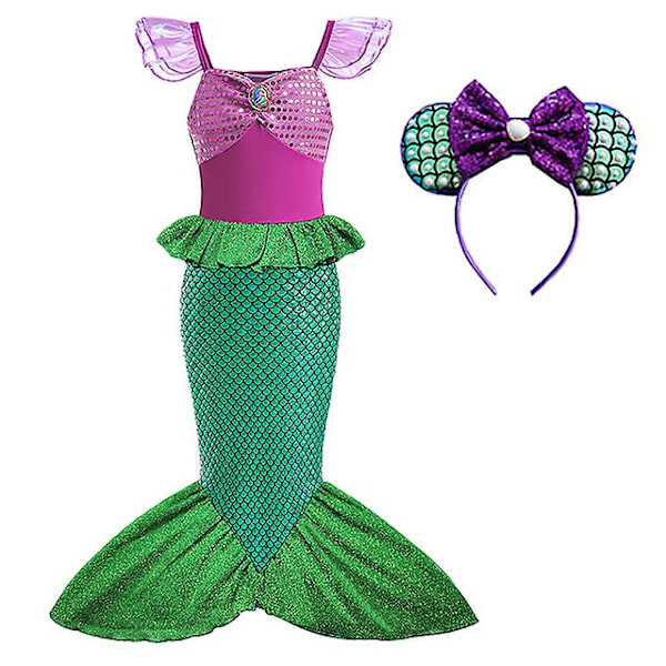 Disney Lilla sjöjungfrun Ariel prinsessklänning barnklänning för flickor cosplay barn karneval födelsedagsfestkläder sjöjungfrun klänning V 3-4T(size 110) 2pcs Mermaid Set4