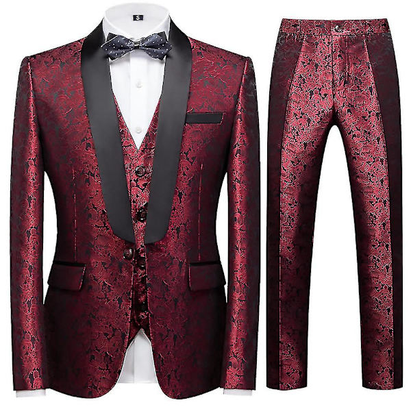 Schan Herr 3-delade kostymer Sjal Lapel Enknapps Smoking Blazer Västbyxor Set För Bröllop Red L