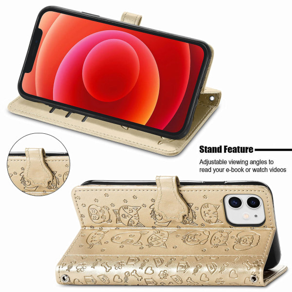 Case för Iphone 12 Flip-plånbok präglat cover Etui Housse Katt Hundmönster - Guld null none