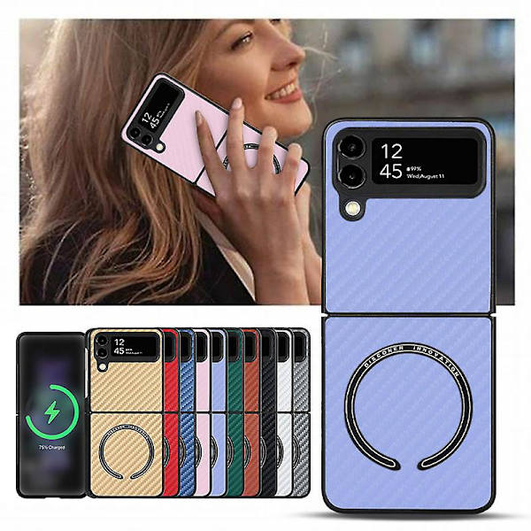 Case i kolfiberläder kompatibelt Samsung Galaxy Z Flip 3/z Flip 4 med Magsafe trådlös laddning Gold
