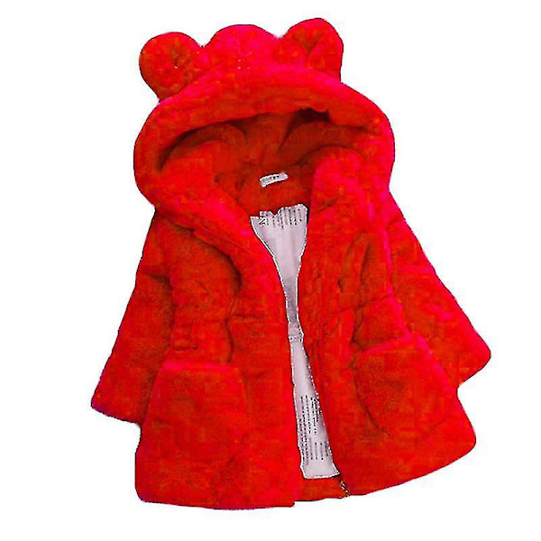 Barn Flickor Fluffig fuskpäls Hooded Parka Coat Fleece Tjock Jacka Vinter Ytterkläder Red 2-3 Years