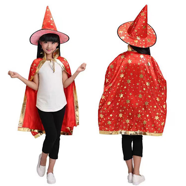 Halloween-mantel Barnkostym Liten Häxa Mage Cosplay Femstjärnig Mantel Hatt Set Pink XXS