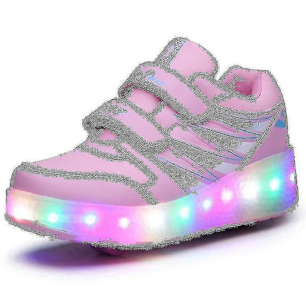 2022 Nya Led Light Up Roller Shoes Double Wheel USB Uppladdningsbara skridskoskor Pink 35