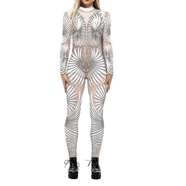 Halloween 3d Printed Cosplay Jumpsuit Karnevalsfest Cyberpunk Playsuit Fancy Dress Kostym för kvinnor Vuxen White Apricot XL