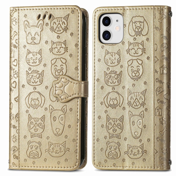 Case för Iphone 12 Flip-plånbok präglat cover Etui Housse Katt Hundmönster - Guld null none
