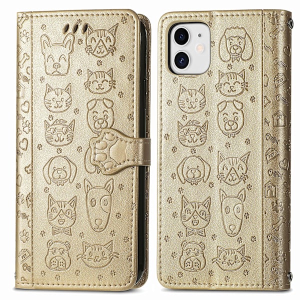 Case för Iphone 12 Flip-plånbok präglat cover Etui Housse Katt Hundmönster - Guld null none