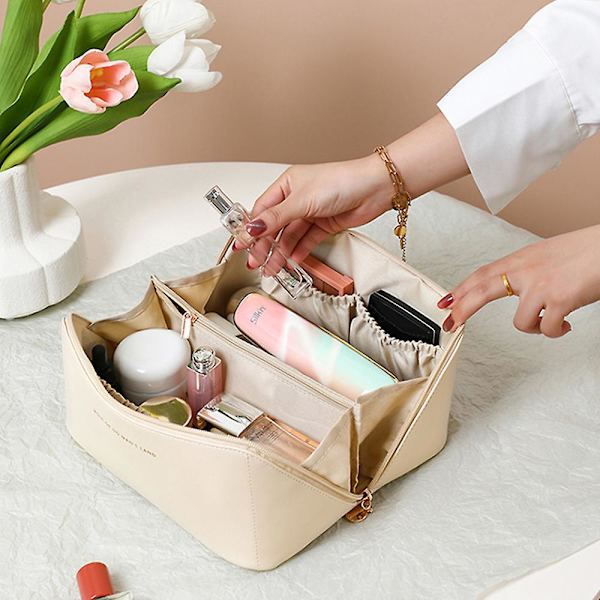 Stor kapacitet Multifunktionell Förvarings Makeup Väska Pu Läder Makeup Väska Vit white