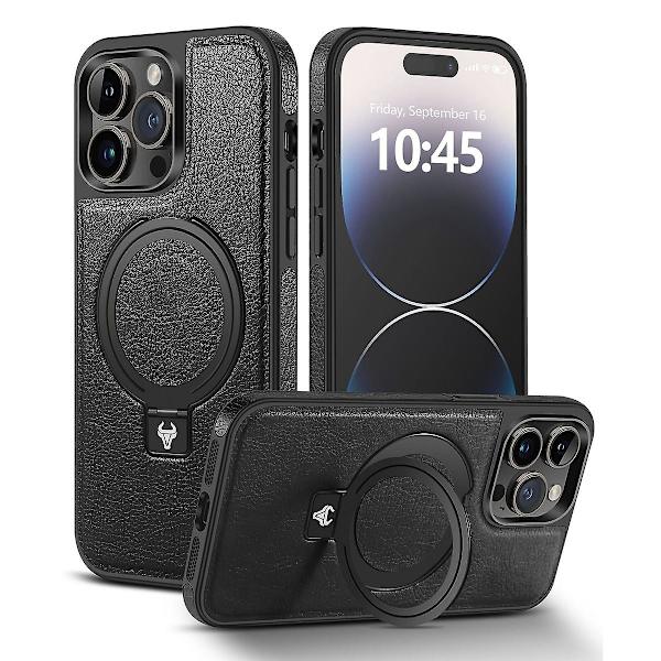Magsafe- case kompatibelt med Iphone 15 Pro Max, Pu-läder stötsäkert cover med stöd Black For iPhone 15 Pro Max