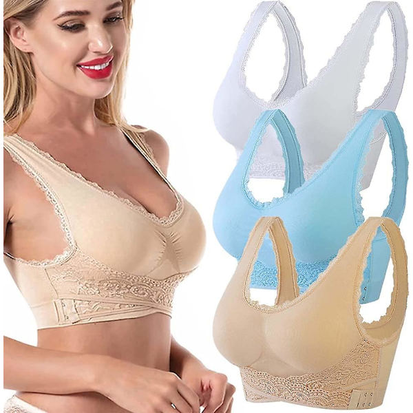 3 st Tourmaline Shaping & Kraftfull Lifting BH, Tourmaline Shaping Wireless BH, Front Cross Side Spänne Spets Lifting BH white-blue-Flesh color L