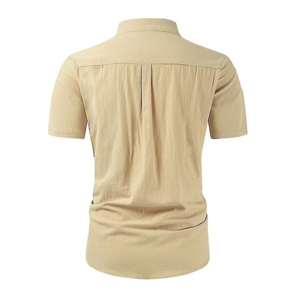 Ståkrage för män Button Down-skjortor Kortärmad bomull Linnelook Strand Casual Snygg sommarskjorta Toppar Khaki XL