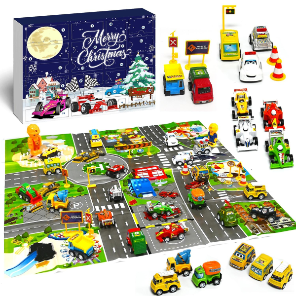 Bilar Adventskalender för barn Pojkar 2022 jul, 24 tillbakadragna fordon Lekset med kran Helikopter Traktorkonstruktion Tru Styles 1