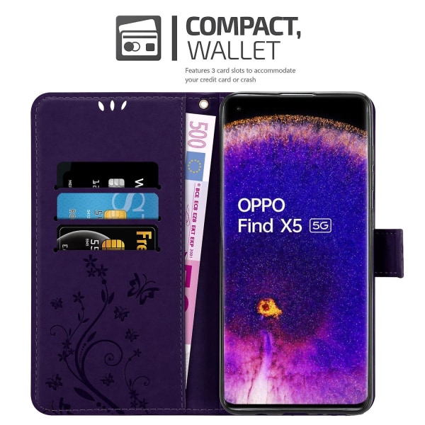 Oppo FIND X5 Cover Case - med blommönster och stativfunktion och kortfack FLORAL DARK LILA FIND X5