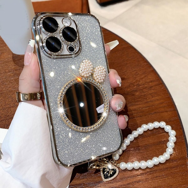 Bling Glitter Case Kompatibel med Iphone 15 Pro Max, Mjuk TPU Stötsäker cover med sminkspegel & armband för kvinnor Silver For iPhone 15 Pro Max