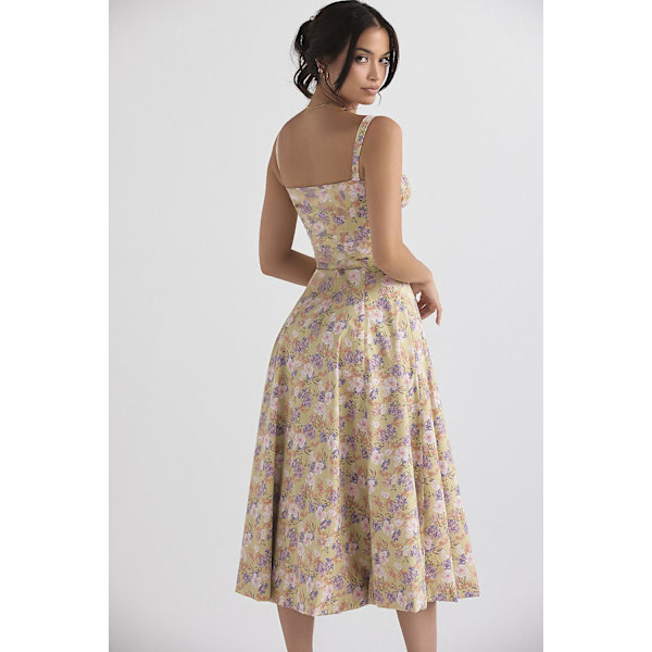 Blommönstrat print ärmlöst rynkad byst delat lår Boho midiklänning Carmen print bustier solklänning Yellow Purple Flower Asia S   EU XS