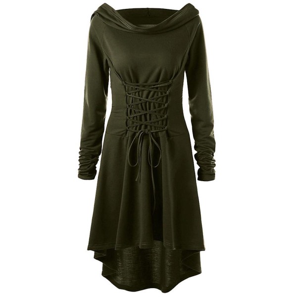 Renässansdräkt för damer, vintage gotisk huvdräkt massiv lång luvtröja klänning med snörning 2XL Army Green