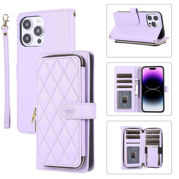 Crossbody dragkedja case kompatibel med Iphone 15 Pro Max, Pu läder stötsäkert cover med korthållare och rem Purple For iPhone 15 Pro Max