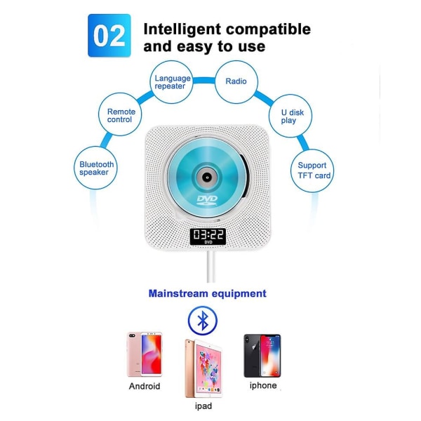 Väggmonterad Bluetooth Cd-spelare med fjärrskärm Bluetooth -funktion Cd-spelare stöder Mp3 Wma Vcd Dvd-format Engelska Learni Blue
