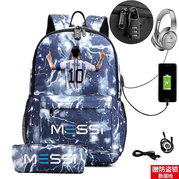 Messi Ryggsäck Lätt bärbar dator Man Casual USB Ungdomsresor Ryggväska Tonåringar Utomhussportväska Student skolväskor style 32 none