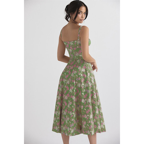 Blommönstrat print ärmlöst rynkad byst delat lår Boho midiklänning Carmen print bustier solklänning Green White Flowers Asia L  EU M
