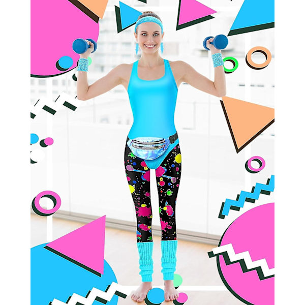 7 st 80-tals träningskostym 80- set 80-tals 90-tals Leotard Legging Pannband Armband Benvärmare Örhängen Fanny Pack Cute Neon X-Large