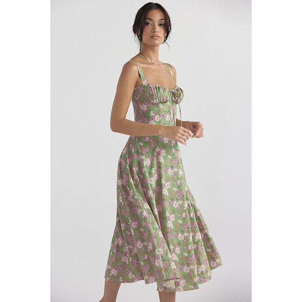 Blommönstrat print ärmlöst rynkad byst delat lår Boho midiklänning Carmen print bustier solklänning Green White Flowers Asia 2XL   EU XL