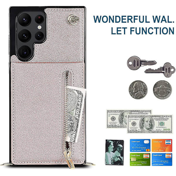 Case i läder för Samsung Galaxy S23 Ultra/ S23+/ S23 med halsrem & stativ & dragkedja Rose gold for S23 Ultra