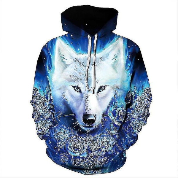 3d Wolf Print Män Kvinnor Par Huvtröja Pullover Sweatshirt Jumper Top White Blue L XL
