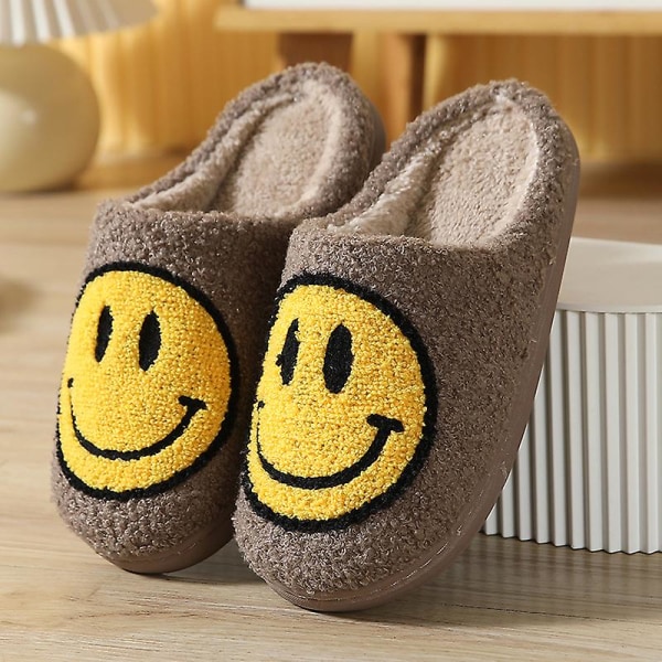 Retro leende ansikte Mjuk plysch Bekväm Varm Slip-on tofflor för par Vinter Varm inomhustillbehör Coffee 39-40