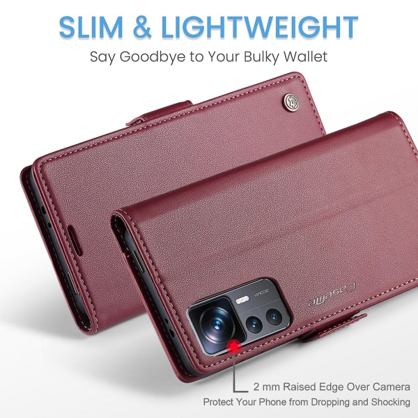 Caseme 023-serien för Xiaomi 12t 5g / 12t Pro 5g / Redmi K50 Ultra Phone Case Rfid Blocking Pu Leather Flip Cover Red