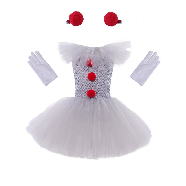 Pennywise Costume Kids Girls, Halloween Clown Costume It Cosplay Tutu Klänningar Med Handskar Och Röd Pompom Hårnål, Barn Fancy Dress Tyg 7-8 Years