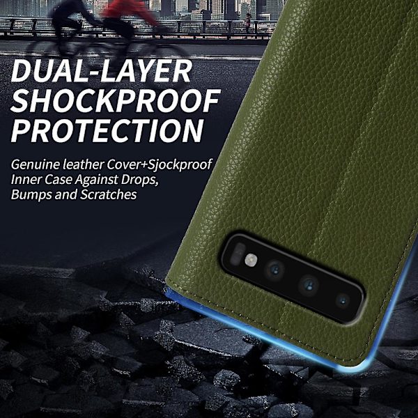 För Samsung Galaxy S10 Plus anti-scratch Litchi Texture Äkta kohud Läder+tpu Telefon Case Green