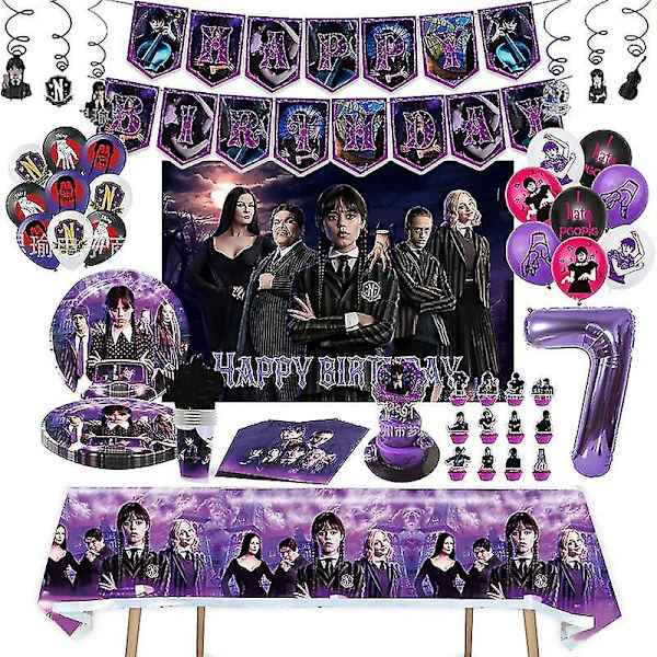 Onsdag Addams Födelsedagsfest Dekoration Barn Dusch Pojkar Flickor Serviser Tillbehör Kopp Duk Nummer Ballong Tårta Bakgrund tablecloth 1pc none
