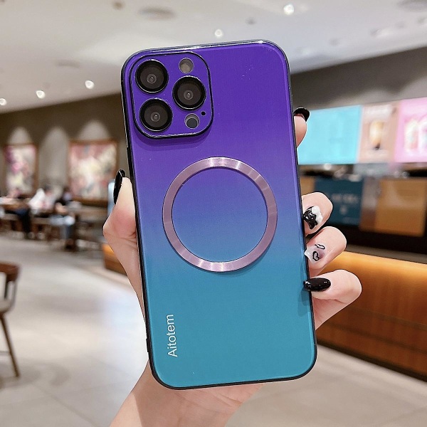 Case kompatibelt med Iphone 15 Pro Max, Gradient Color Glas Cover med linsskydd, kompatibelt med Magsafe Purple-Blue For iPhone 15 Pro Max