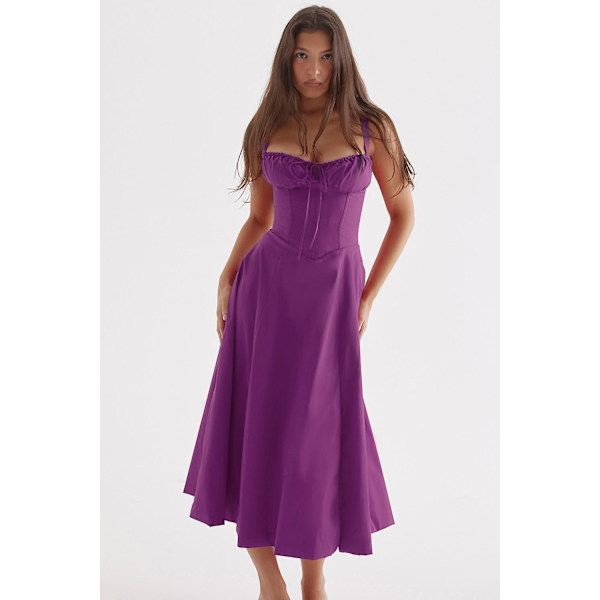 Blommönstrat print ärmlöst rynkad byst delat lår Boho midiklänning Carmen print bustier solklänning Purple Slip Dress Asia S   EU XS