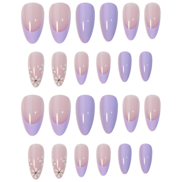 Ghyt 24 st Lila Mandel Lösnaglar Korta, Medium Press On Naglar Med Blomma Franska Design, Stick On Naglar För Kvinnor, Akryl Fake Nails null none