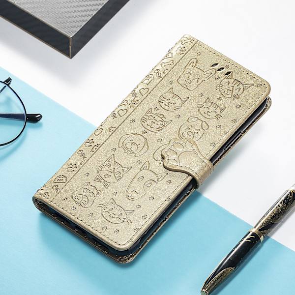 Case för Iphone 12 Flip-plånbok präglat cover Etui Housse Katt Hundmönster - Guld null none