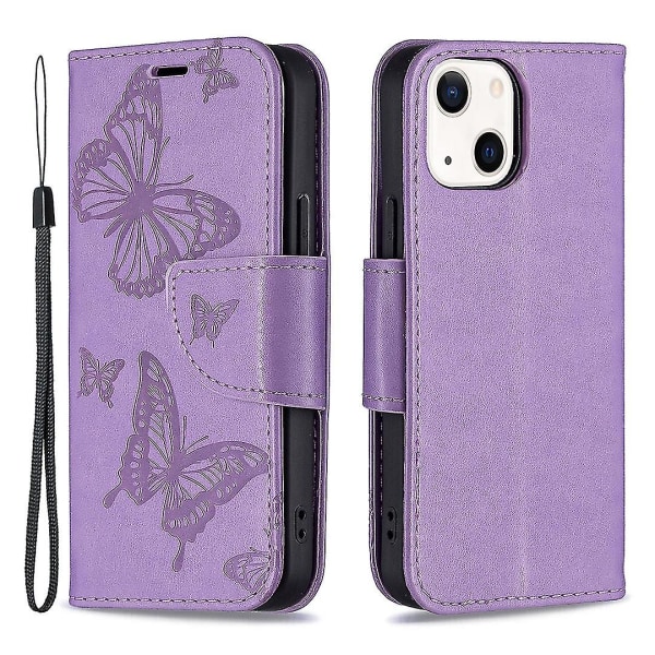 Imprint Butterfly Magnetisk stängning Läderställ Plånbok Case Fodral med rem för Iphone 13 Mini 5,4 tum - lila Purple