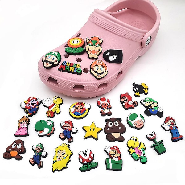 27st Super Mario Bros Tema Crocs Skodekorationer Berlocker Gör-det-själv Träskor Sandaler Pins Skor Tillbehör Set Presenter
