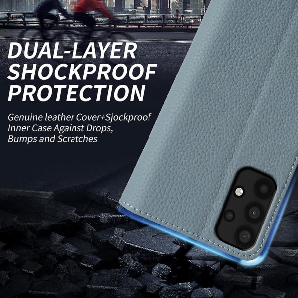 För Samsung Galaxy A33 5g äkta kohudsläder cover Fullt skydd Telefon Flip Case Baby Blue