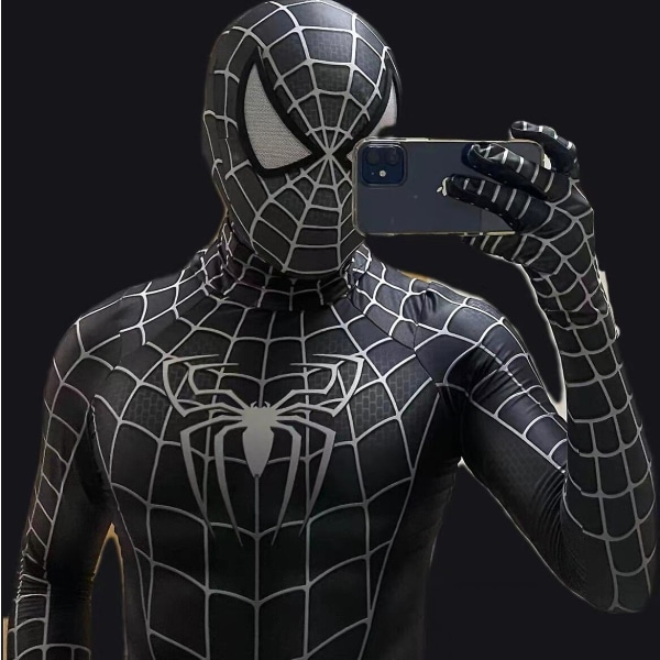 Halloween Svart Remy Spiderman Cosplay Kostym Venom Symbiote Remy Suit Zentai Body Vuxen Hood Detachable S