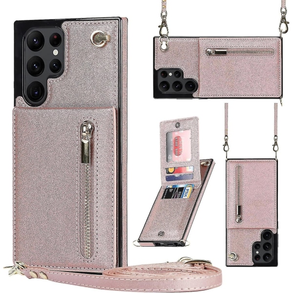 Case i läder för Samsung Galaxy S23 Ultra/ S23+/ S23 med halsrem & stativ & dragkedja Rose gold for S23 Ultra