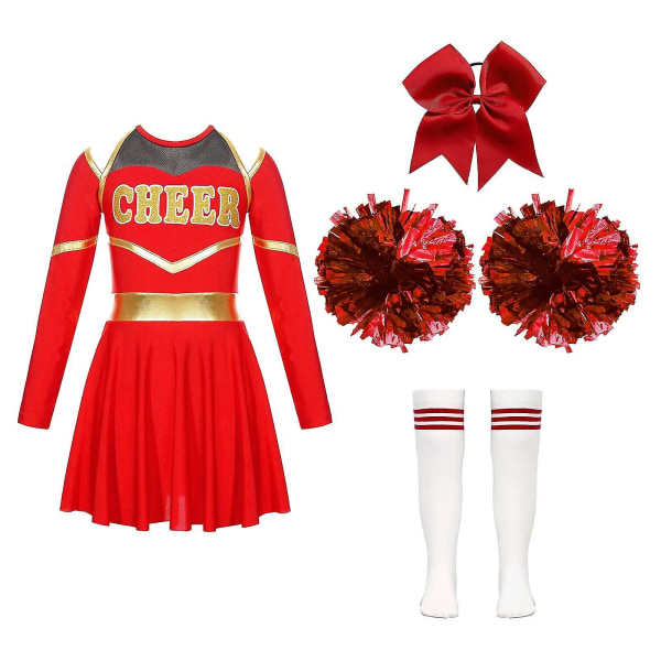 Barn Cosplay Cheer Team Danskläder Barn Flickor Cheerleading Uniform Klänning Med Blombollar Set Cheerleader Kostymer 10 A Red