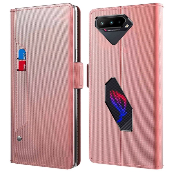 För Asus Rog Phone 5 Spegelfunktion Magnetisk stängning Pu Läder Phone case Folio Flip Stand Korthållare Cover Rose Gold