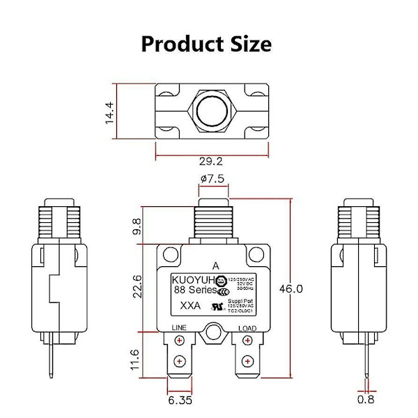 Kuoyuh 88 Series 3a 5a 8a 10a 12a 15a 20a 25a 30a Överbelastningsskydd Switch Motor Miniatyrbrytare med vattentät cap 10a none