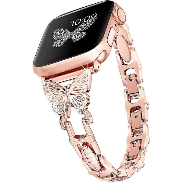 Fjärilsarmband kompatibelt med Apple Watch Band Diamond Metal Armbandsrem kompatibel med Iwatch Rose gold 42-44-45 mm